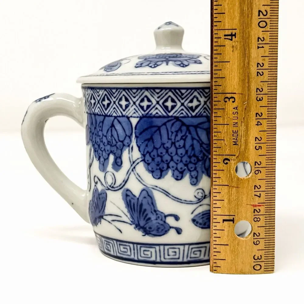 Blue White Chinese Porcelain Lidded Mugs Butterflies Grapevines Set of 4